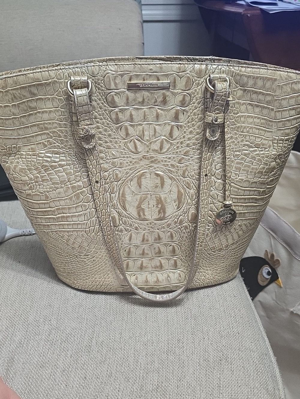 Brahmin Cream Croc-Embossed Leather Tote with Gold Accent